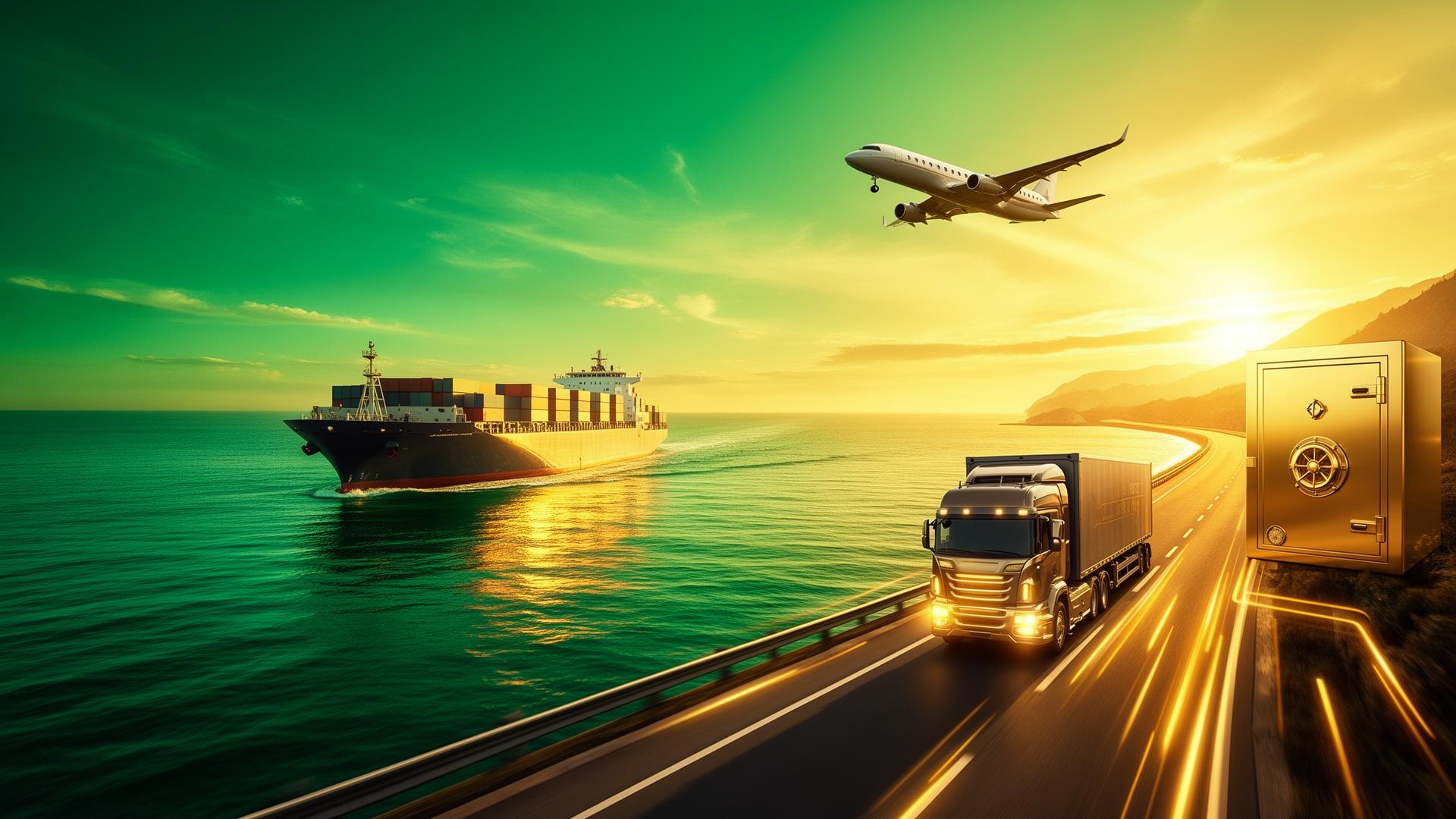 Global logistics operation with cargo aircraft, freight vessel and armored transport at dusk